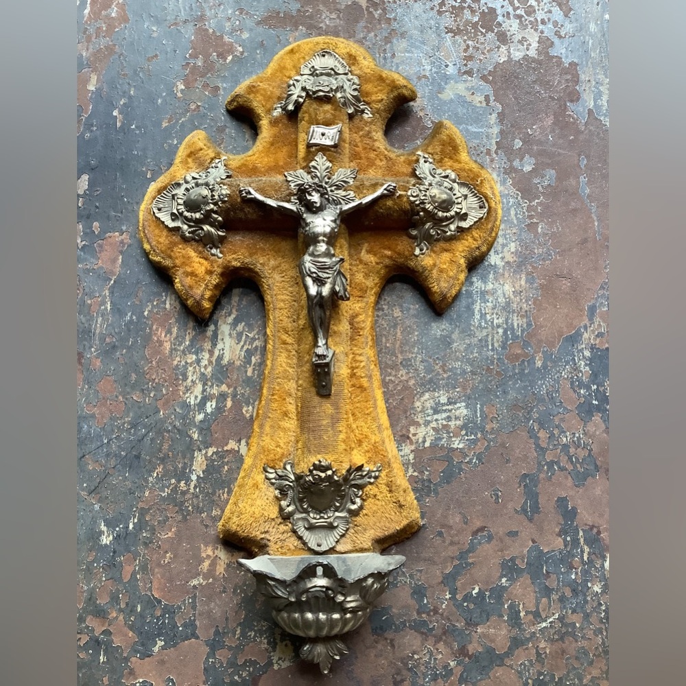Antique French 19th C Benitier Catholic Crucifix Cross